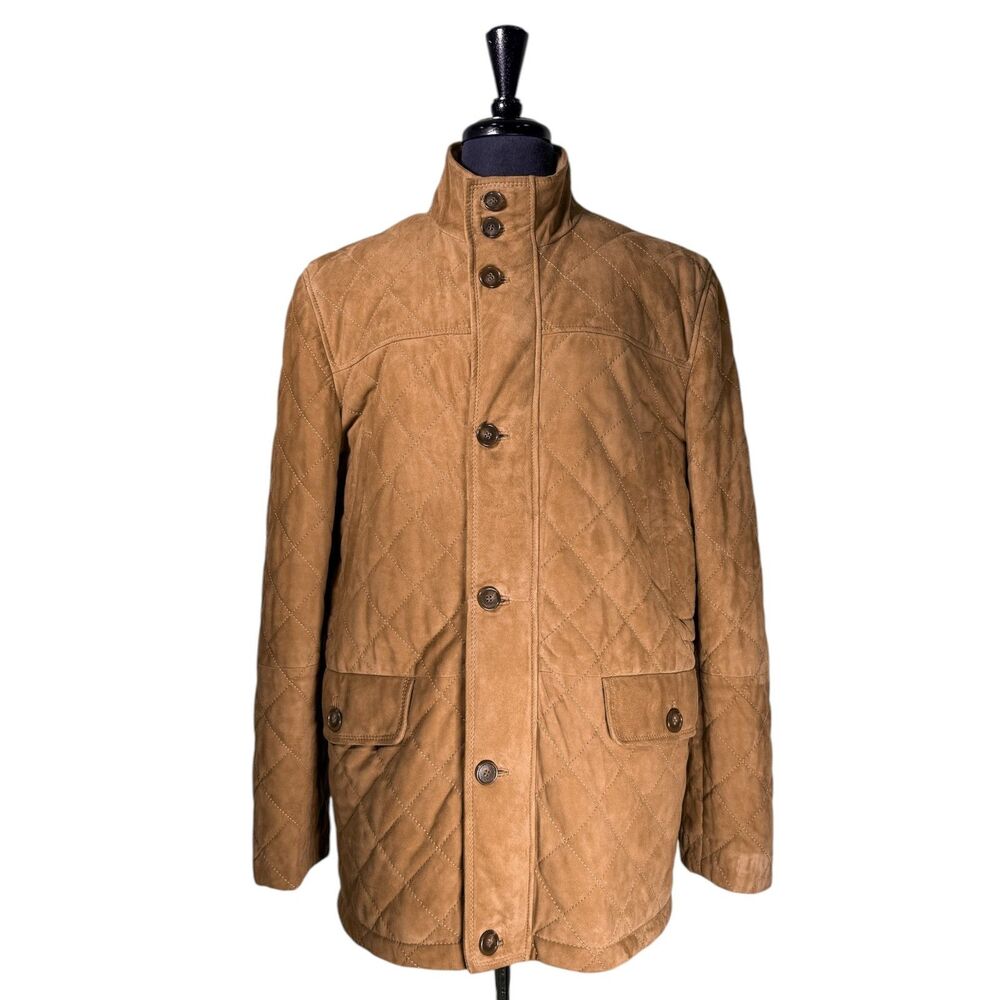 Cole Haan Mens M Goatskin Suede Leather Quilted Field Jacket Brown Insulated